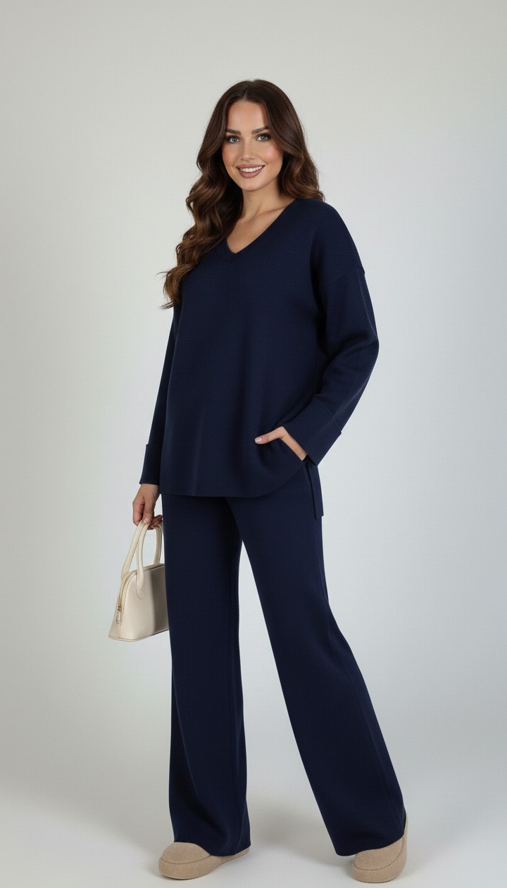 Ensemble "Sérénité" – Ensemble 2 Pièces en Maille Premium avec Col en V