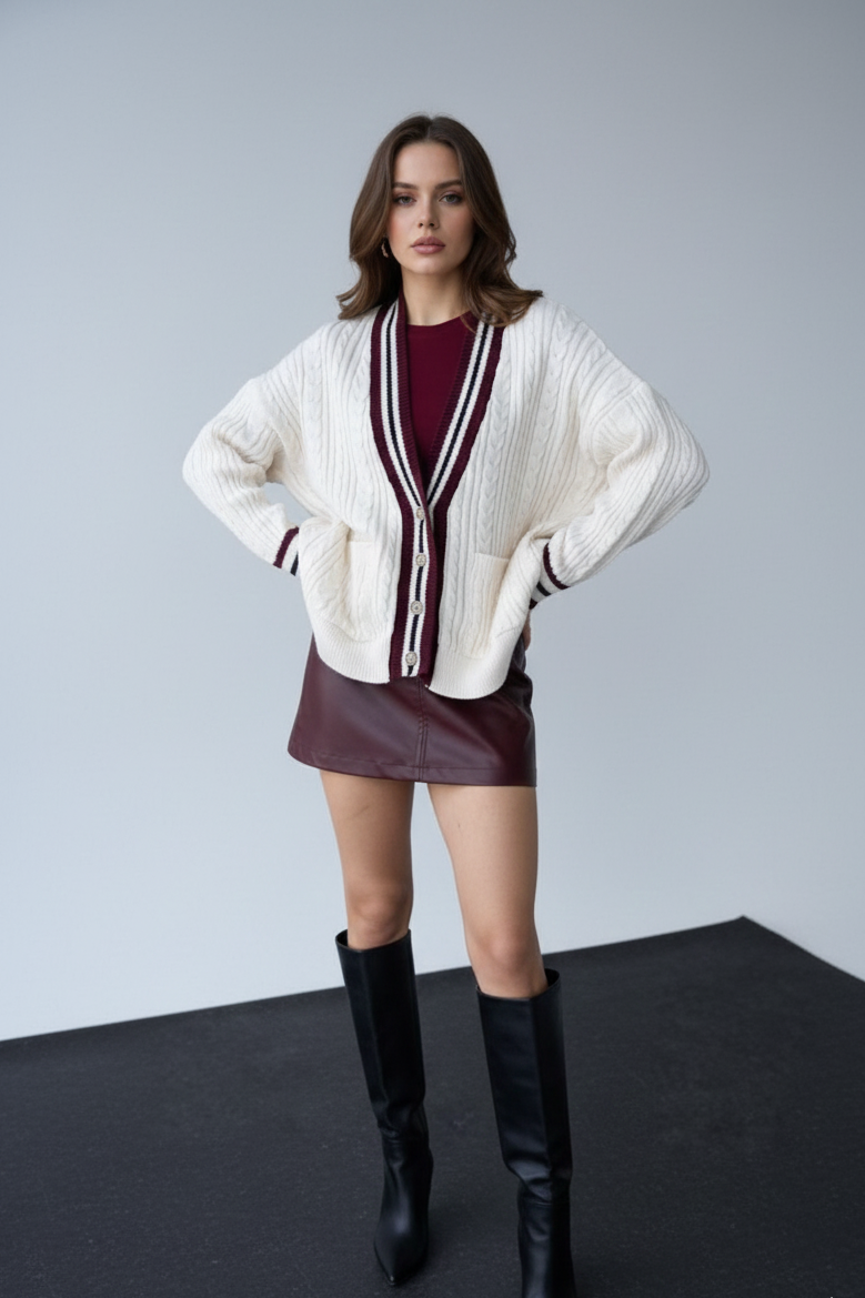 Cardigan "L’Héritage" – Maille Torsadée et Galons Contrastés Bordeaux